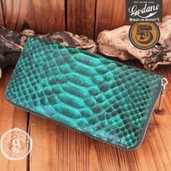 【ダイヤモンドパイソン使用】長財布 メンズ ラウンドファスナー 本革 蛇革 グリーン×タン シルバー金具 GODANE ゴダン 正規品 SPCW8095-python