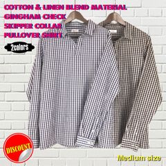 ２colors♪♪ ギンガムチェック コットン＆リネン混紡 スキッパーカラー プルオーバーシャツ／Ｍ-size