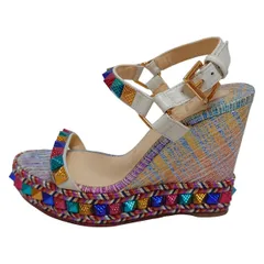 CHRISTIAN LOUBOUTIN(クリスチャンルブタン) サンダル 35 レディース - 白×ブルー×マルチ スタッズ/ラメ/アウトソール張替済 レザー