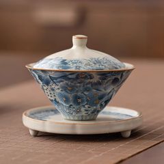 復古風 斗笠型 蓋碗（花柄・錦風）蓋付き茶碗 三才構造 120ml 高級陶器製