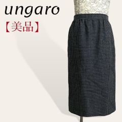 ❤️美品 ウンガロ 80～90年代 ヴィンテージ レトロ モノトーン 幾何学 変形ドット柄 ウール ロング ミモレ丈 タックタイトスカート 9・Ⅿ レディース 3130