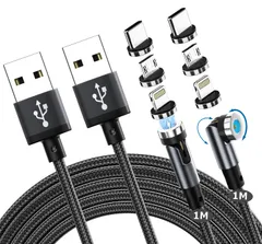 新品 マグネット 充電ケーブル 3in1 USB 【2本セット・1m+1m】 360°+180°回転可能 磁石 防塵 片手操作 マグネット式ケーブル タイプc ライトニグ マイクロ じゅうでんコード iPhone/iPad/Macbook/Android 全機