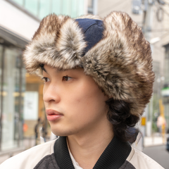 ブルーデニムファーフライトキャップ　パイロットキャップ  アビエイター 　耳付き