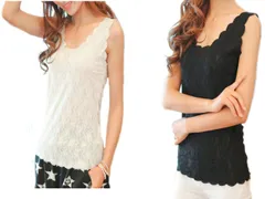 [ネクストグランツ] タンクトップ レース ノースリー キャミ インナー 人気 可愛い おしゃれ カッコいい 定番 春 夏 秋 冬 トップス シンプル ドルマン チュニック フリル Vネック 綿 (ホワイト＆ブラック) [ホワイト/ブラック]