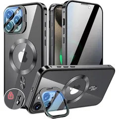 KELLCASE【カメラレンズ保護・スタンド+覗き見防止+MagSafe対応 】iPhone 14 Pro Max 用 ケース 全面保護 隠しスタンド付き ロック付き 両面 マグネット式 アイフォン14プロマックス カバー ストラップホール付き透明背面 メ 0