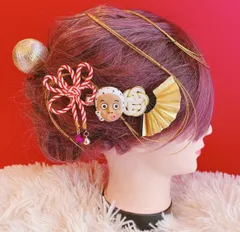 ひょっとこ☆ミニお面☆お祭り髪飾り☆成人式髪飾り☆お神輿☆祇園祭☆成人式髪飾り☆お揃い☆扇子髪飾り☆祭ヘア☆3点セット