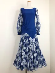 《新品》社交ダンス　ボリュームパフスリーブ　ソフトメッシュ　セットアップドレス　ブルー　衣装