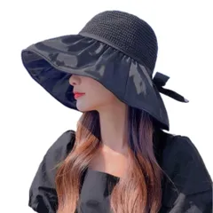 [UTO14] 女性用ハット帽 帽子 レディース 日焼け防止 UVカット つば広 遮熱コーティング加工 あご紐付き 麦わら帽子 折りたたみ 女優帽 リボン 可愛 アウトドア 海 散歩 旅行 登山 自転車 軽量 (ブラック) [ブラック]
