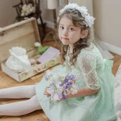 【グリーン】デコルテシースルーレーススリーブドレス YUP12 《メール便優先商品》 キッズ キャサリンコテージ