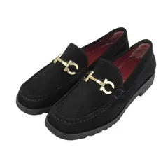 極美品▲Salvatore Ferragamo SPORT サルヴァトーレ フェラガモ スポーツ 00169 SIMPLE スウェードレザー ダブルガンチーニ ローファー ブラック ゴールド金具 5.5 保存袋付き イタリア製 レディース