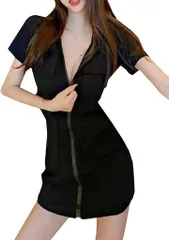 COCO&YUKA(ココアンドユカ) パーカー 前開き 半袖 ミニ ワンピース タイト フロント ジップ ポケット フード 付 セクシー レディース( ブラック,  S)