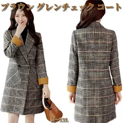 チェスターコート レディース コート ロング丈 グレンチェック ブラウン 袖切り替え 大き目ポケット ダブル ワンボタン チェスターフィールドコート 婦人コート レディースコート 細身 チェックコート かわいいコート 秋冬 グレンチェックコート おしゃれ かわ