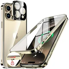 NIANGUO【ロック機能付き・自動ポップアップボタン】 iPhone15 Pro 用 ケース クリア 【両面強化ガラス】 9H硬度 【一体型レンズ保護】 アイフォン15プロ カバー アルミバンパーケース メタルフレーム 耐衝撃 傷防止 高感度タッチ 薄型 0