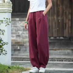 ☆ ワインレッド ☆ L ☆ 着痩せバルーンパンツ コットンリネン バルーンパンツ レディース コットン メンズ イージーパンツ サルエルパンツ ズボン ロングパンツ カジュアルパンツ 長ズボン ウエストゴム きれいめ カジュアル 綿麻 リネン ライン