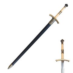 中世十字剣 片手西洋剣 炭素鋼刃 × 合金ゴールドメッキ装具 全長 100cm 重量 1.4kg 木製ブラック鞘付 コスプレ・ディスプレイ用　模擬刀 工芸品模造刀 西洋剣 中世ヨーロッパ風 西洋剣 十字軍剣