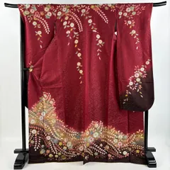 振袖 身丈171.5cm 裄丈69cm L 袷 翠山工房 落款 辻が花 金通し えんじ色 正絹 美品 逸品 【中古】