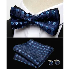 格安　3点セット 蝶ネクタイ　カフスチーフ ポケットチーフ 結婚式　発表会 イベント パーティー ダンスパーティー 　卒業式　卒園式　入学式　入社式　父の日　ワンタッチ　　ネイビー色　紺色　ブルー色　青色　格子柄　シルバー色　スーツ ワイシャツ　メンズネクタイ