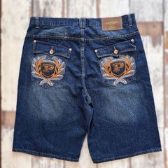 PHAT FARM デニムハーフパンツ インディゴブルー ロゴ刺繍　90s B系　HIPHOP ストリート　US古着