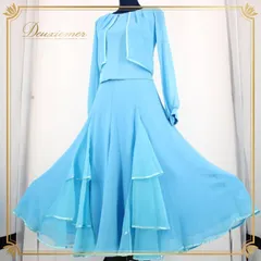 社交ダンス 衣装 スタンダード ツーピース セットアップ パーティ衣装 レッスンウェア レディース オールシーズン PAPILLON パピヨン 水色 ブルー系 ラインストーン 長袖 清楚 ダンス 衣装 レディースセットアップ かわいい フェミニン