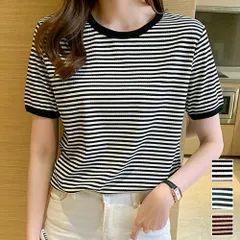 ボーダー半袖カットソー レディース トップス 春服 夏 秋 10代 20代 30代 韓国ファッション カジュアル ストリート シンプル 定番
