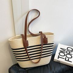 夏季 レディース カジュアル ストローバッグ 大人可愛い サマーバケツバッグ おしゃれ 麦わらバッグ 肩掛け 編みバッグ韓国　2 カラー選択能