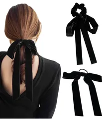 [Herbeluemily] ベロアリボン リボン ヘアゴム シュシュ 大きめ ベルベット ベロアリボンゴム 髪ゴム 黒 C シュシュ＋ヘアゴムセット [C シュシュ＋ヘアゴムセット]