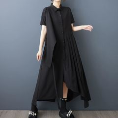 モード系  美しい 不規則  アシンメトリック  ハンサム  個性的なデザイン  ブラック アシンメトリーデザイン  アイデンティティ Aライン ロングシャツドレス