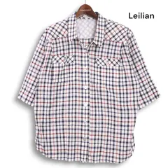 Leilian レリアン プラスハウス 春夏★ 麻 リネン混 半袖 チェック ワーク シャツ Sz.13+ レディース 大きいサイズ