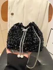 バッグ レディース ドレスバッグ 1個 チェーンド ロー弦 クロージャー  スパンコール 光沢 バケツバッグ メタルパール装飾、カラフルスパンコールショルダー クロスボディクラッチバッグ、ファッションギフト メイク