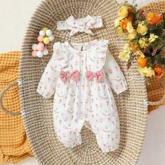 可愛い ハート ホワイト ピンク 花柄 赤ちゃん 秋 春 オーバーオール リボン フリル ロンパース ヘアバンド付き ベビー服 セット サイズ 60