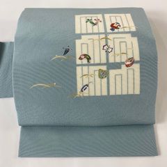 名古屋帯 秀品 源氏香 宝尽くし 縮緬 青緑 正絹 【中古】