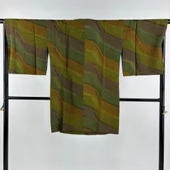 道行 身丈93cm 裄丈67.5cm L 和装コート 角衿 落款 幾何学 ぼかし 茶緑色 正絹 美品 秀品 【中古】