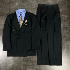【JAPANESE VINTAGE】5点セット セレモニー ダブルスーツ セットアップ 上下 BURBERRYシャツ ブラック系×ブルー系 成人式 卒業式 結婚式（ユーロピンズ＆バーバリーシャツ＆ネクタイ おまけ）No.55