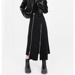 斜めジップアシンメトリースカートスカートレディースロング春秋タイトスカートスリットモードイレギュラーヘム変形ヘムカットロングスカートボトムスストレッチ大人個性