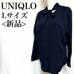 新品 UNIQLO ボウタイ付き長袖シャツ Lサイズ レディース ポリシャツ 紺