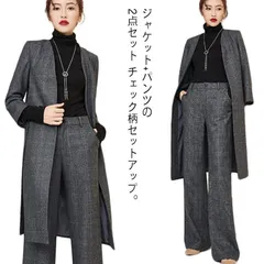 スーツ レディース パンツスーツ セットアップ チェック柄 フォーマルスーツ ジャケット パンツ 2点セット ロング丈 コート 長袖 無地 シンプル フォーマル セレモニースーツ ビジネス オフィス #chi4697