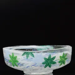 茶道具 抹茶茶碗 ガラス 馬盥茶碗 波に青楓 硝子茶碗 非耐熱