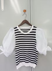 (ノーブランド品）パフスリーブボーダーニット