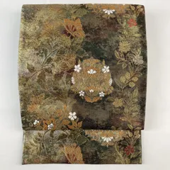 たんす屋 TANSU-YA 中古 リユース帯 袋帯 金 緑 グリーンゴールド色 セミフォーマル 織り 引き箔 金糸 華文 花蝶 絹 六通 未洗い MS3346