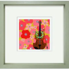 吉岡浩太郎『花とバイオリン』版画 額入り 新品 絵画  楽器 赤 花 風水