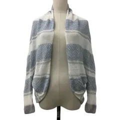 アンドエー and A カーディガン ニット ショールカラー 総柄 ボーダー ラメ 前開き トッパー リネン混 長袖 F 水色 グレー ライトブルー