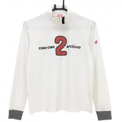 【美品】アルチビオ 長袖ハイネックシャツ 白×レッド 袖口ボーダー ネック一部ライン レディース 36 ゴルフウェア archivio