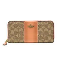 コーチ COACH アコーディオンウォレット レザー PVC シグネチャー 73739 長財布 ラウンドファスナー レディース ベージュ / オレンジ 美品 中古 mak25016