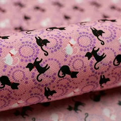 moonfarm 国産 レーヨン ちりめん 生地 和柄 手芸 ちりめん細工 布 幅約71cm( 黒白猫柄ピンク,  1m)