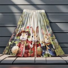 大人可愛いフレアスカート、気まぐれな３匹のウサギ柄　ウエストゴム　4XL相当　平置き44㎝