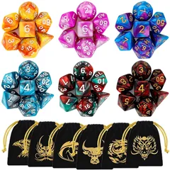 6 DND Dice, 42 Pieces Dungeons and Dragons Dice with Gold Patten Bags for Dungeon and Dragons MTG RPG DND D20 D12 D10 D8 D4