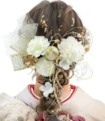 [JZOON] 髪飾り 成人式 ドライフラワー 袴 卒業式 和装 結婚式 振袖 着物 浴衣 プリザーブドフラワー 金箔 紐アレンジ 水引 和玉 A7001