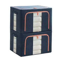 収納ボックス 折りたたみ 目に見える大容量、多机能収納ボックス 衣類 収納袋 洋服収納 綿麻 折りたたみ式2個組 ワイヤー入り 衣装ケース 多機能収納ケース 衣類収納ケース (綿麻ネイビー ANIOBMAN ２個セット)