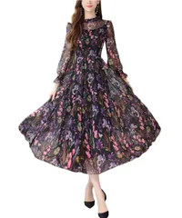 [Ava Knights] 花柄 シフォン レース 長袖 ワンピース マキシ丈 Aライン レディース きれいめ カジュアル スカート ブラウス エレガント スニーカー 靴 ミモレ丈 ショート マキシ ロング パンツ ジーパン ジーンズ  [ブラック] [XL]