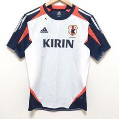 美品◎【adidas】アディダス CLIMACOOL クルーネック ドライ 半袖 サッカーシャツ ロゴプリント KIRIN JFA フットサル スポーツウェア トップス Tシャツ 速乾 ホワイト 白×ネイビー 紺 メンズ サイズS/M15573jY